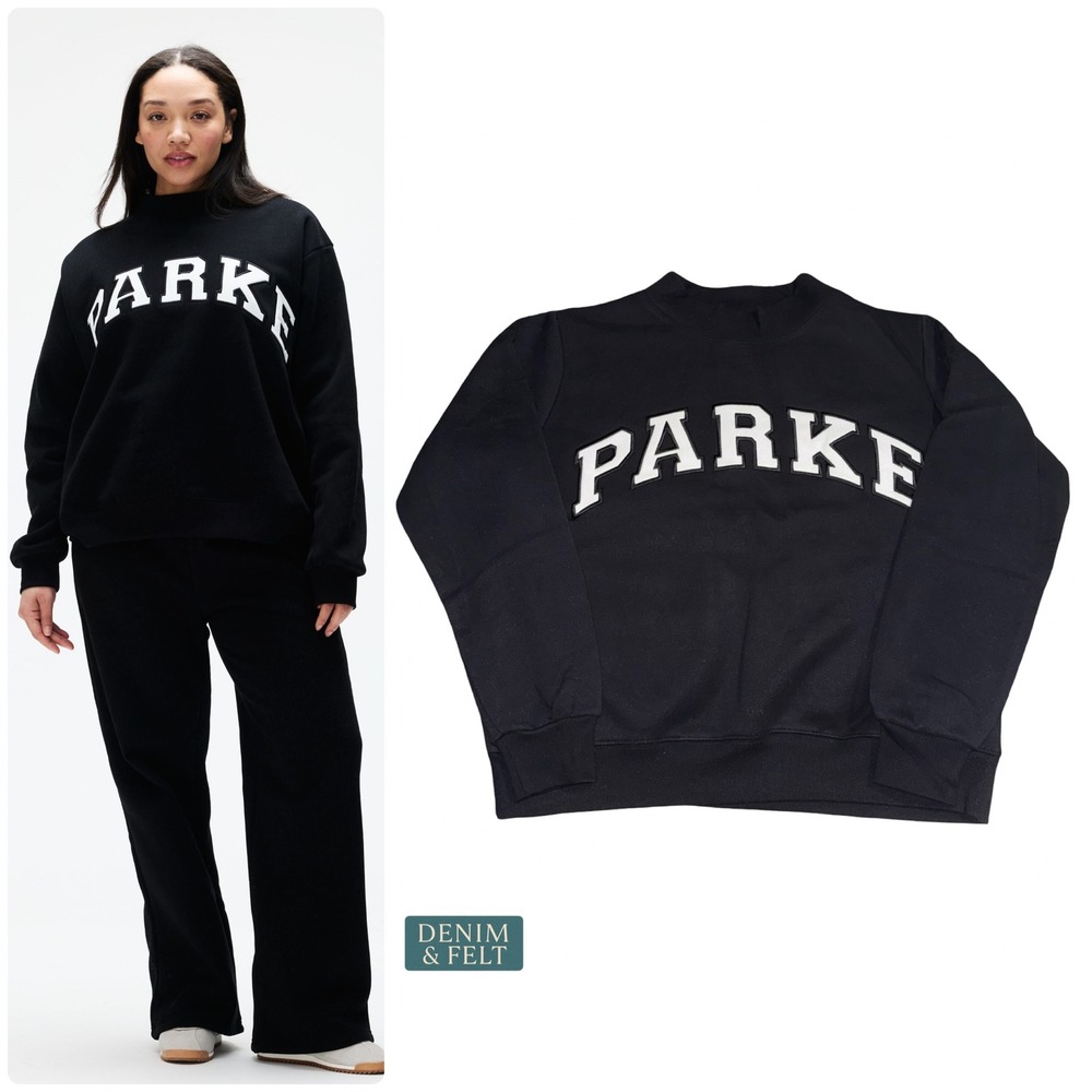 NEW Parke Varsity Mockneck Sweatshirt Black White Fleece Logo Pullover S/M